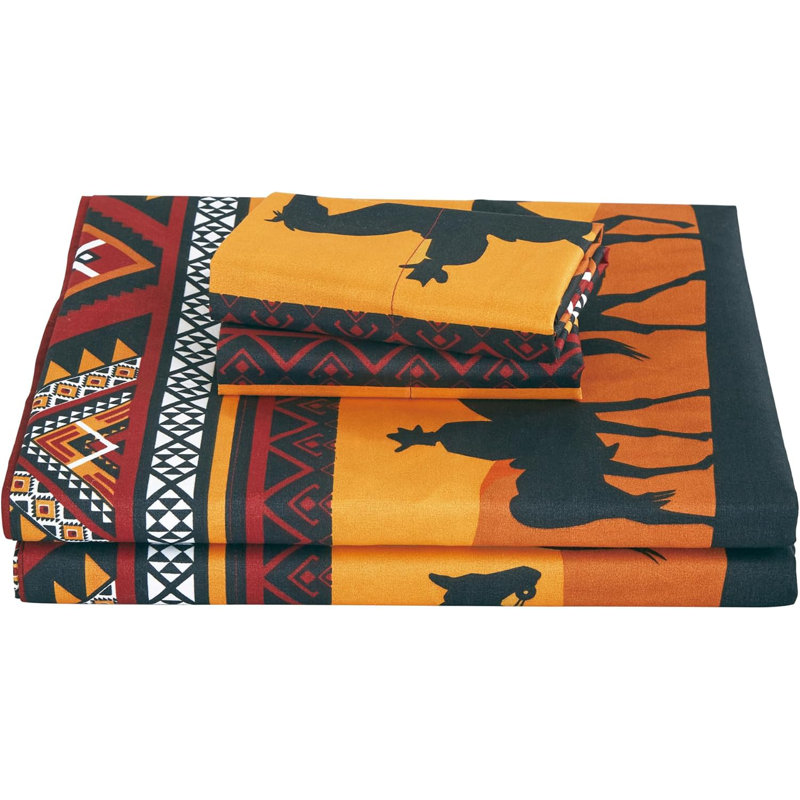 Cabin Lodge Geometric Printed Microfiber Bed Sheet Set, Queen Sheet Set with 2 Pillowcases, Black/White/Red/Orange Geometric