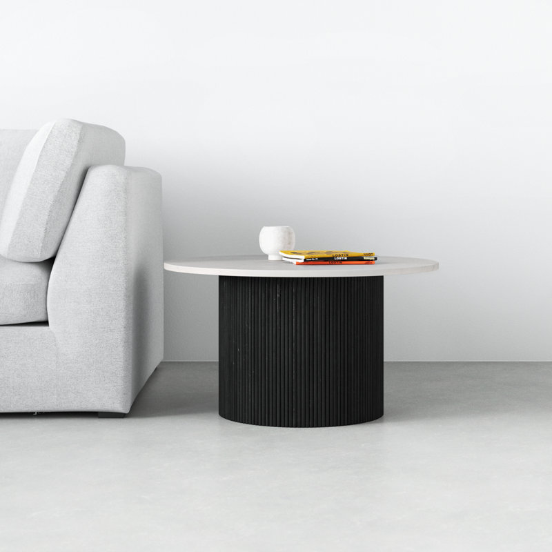 Round Black Wood Drum Base Marble Top End Table