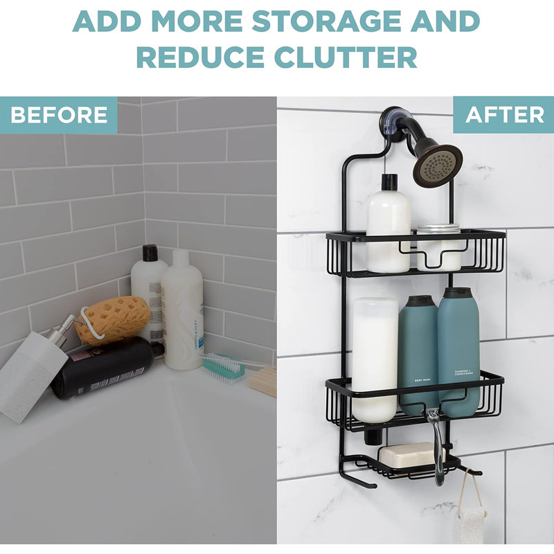 Serviteur de douche en aluminium antirouille avec 2 tablettes et crochets intégrés - Pomme de douche pour shampooing, revitalisant et produits essentiels