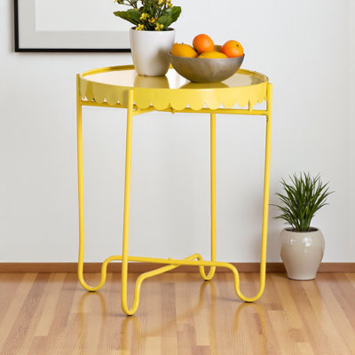 Muriel Round Accent Table with Scalloped Tray Top and Decorative Base in Yellow Metal