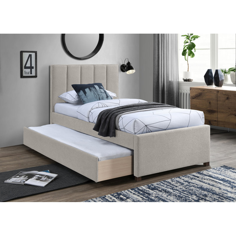 Lit plateforme simple Harper Sav, Tissu texturé en lin beige
