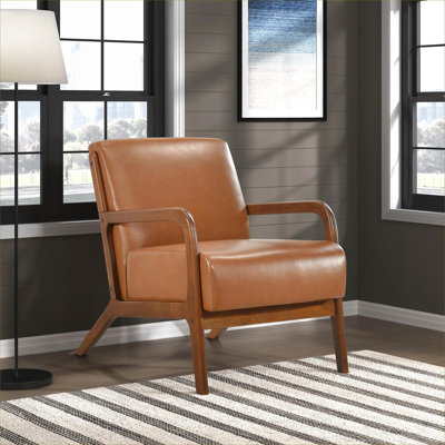 Fauteuil d'appoint 1 place moderne, structure en bois massif, revêtement en similicuir brun classique pour le salon