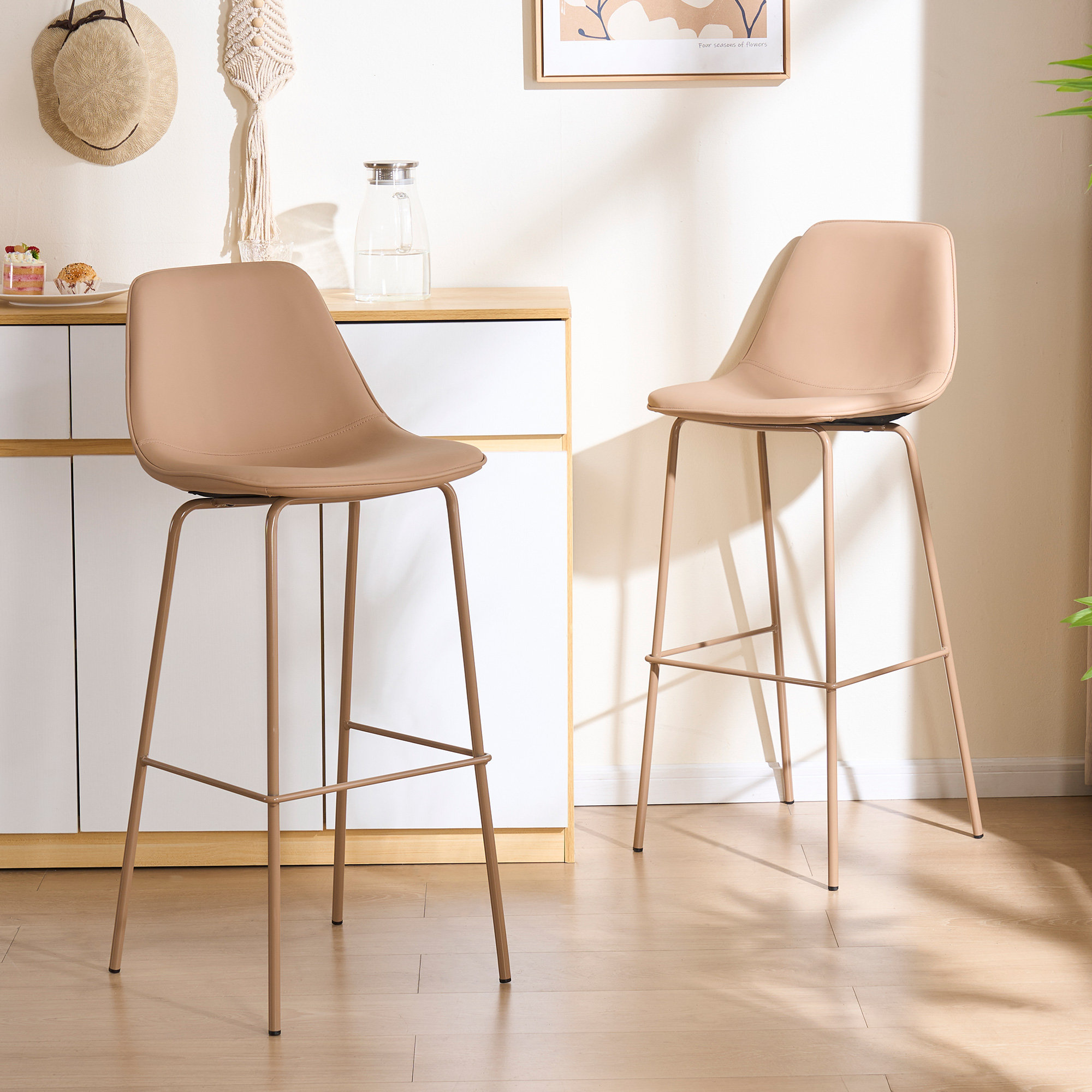 Kavi Upholstered Barstools, Taupe Faux Leather, Bar Stool (30" Seat Height)