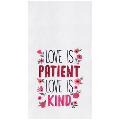 "Love Is Patient & Kind" Flowers Embroidered 100% Cotton Flour Sack Dishtowel