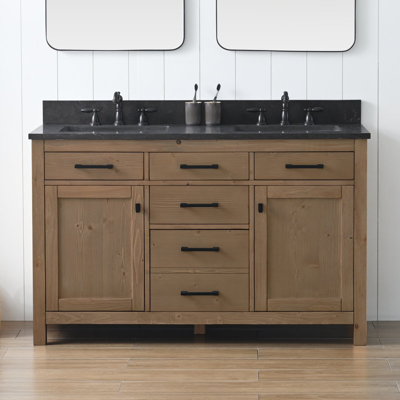 Ensemble de meuble-lavabo double 54 po Ajiya, Naturel texturé / noir mat, Calcaire bleu