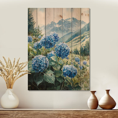 Hortensias dans la prairie de montagne II - Art mural en bois d'hortensias - sur bois de pin naturel