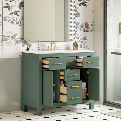Ensemble de meuble-lavabo sur pied moderne 36 po avec lavabo en céramique, 4 tiroirs et 2 armoires