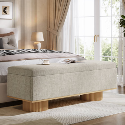 50.39" Upholstered Storage Bench With Padded Seat And Safety Hinge, Load Up To 330 Lb, Beige + Wood Colour