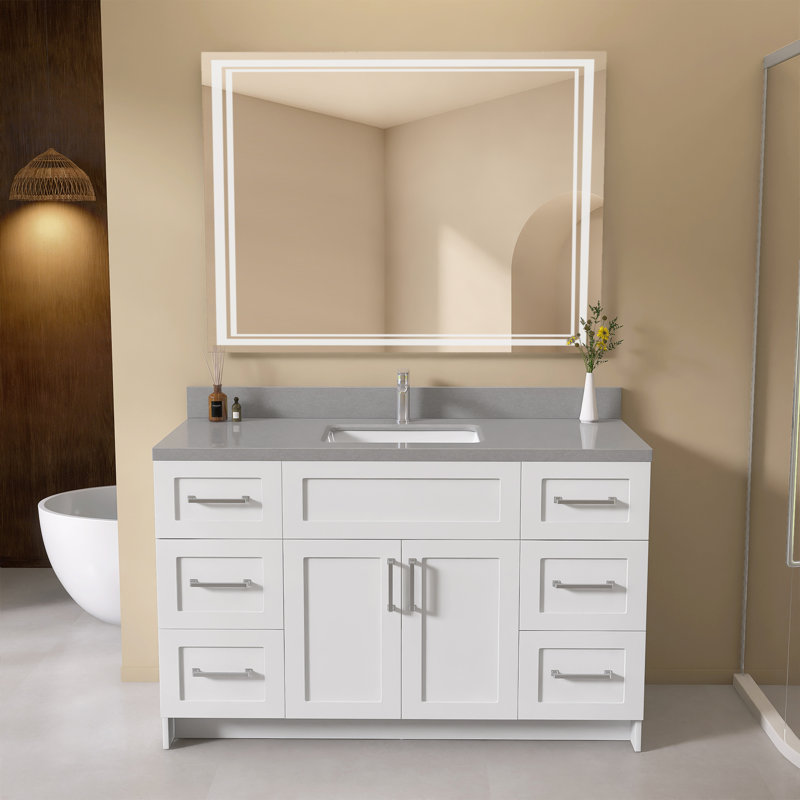 54" x 22" Solid Surface Engineered Stone Bathroom Vanity Top with Integrated Sink Faux Stone Countertop with 4 inch Backsplash for Mordern Barthoom in Gray Speckled Marble