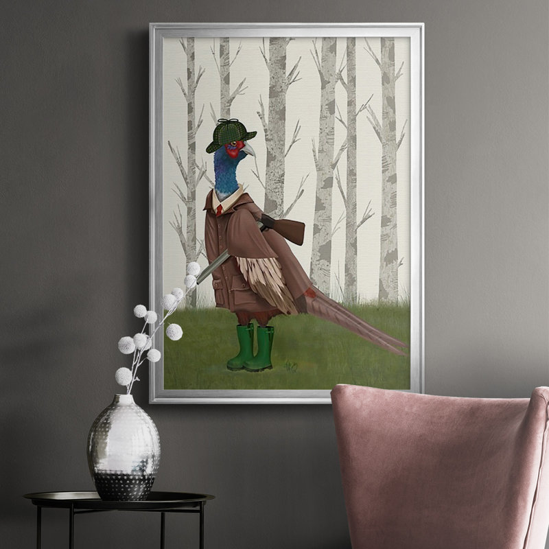 Faisan de tir 5 encadré sur papier, H 30,5 po x l 22,5 po x P 1 po, Argent