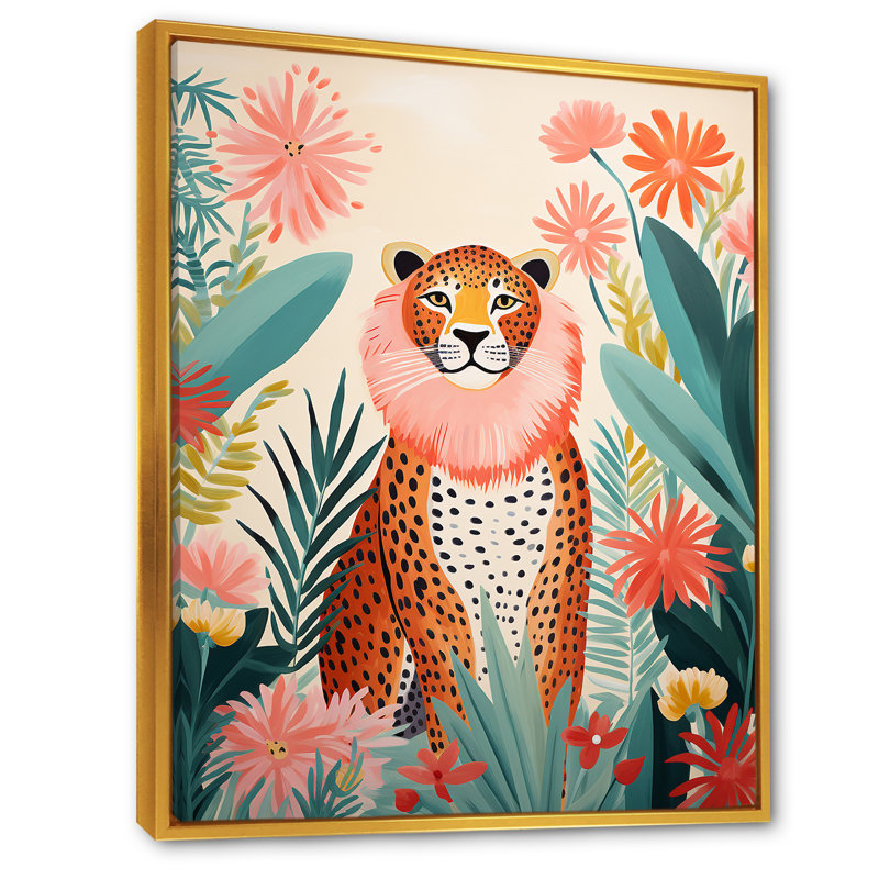 Vert et rose léopard, élégance tropicale IV - Impression sur toile encadrée léopard, Cadre flottant doré