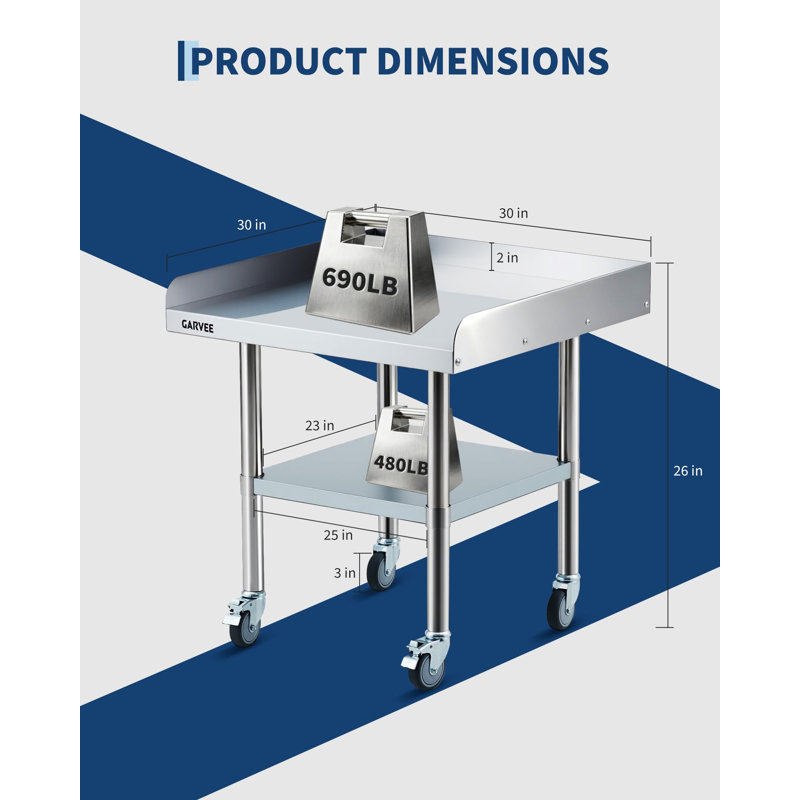 Table de travail en acier inoxydable avec roulettes pour la maison, le garage du restaurant, H 26 po x L 30 po x l 30 po