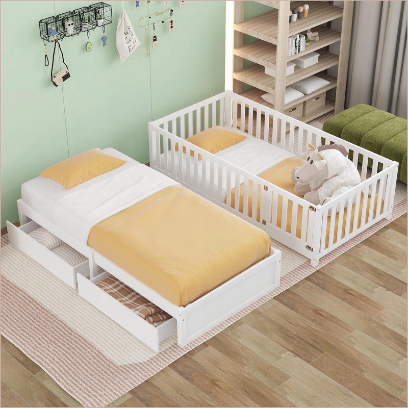 Lit de jour simple en mélange de bois massif avec garde-corps et amp; 2 tiroirs - Divisé en lit au sol, blanc pour les chambres partagées