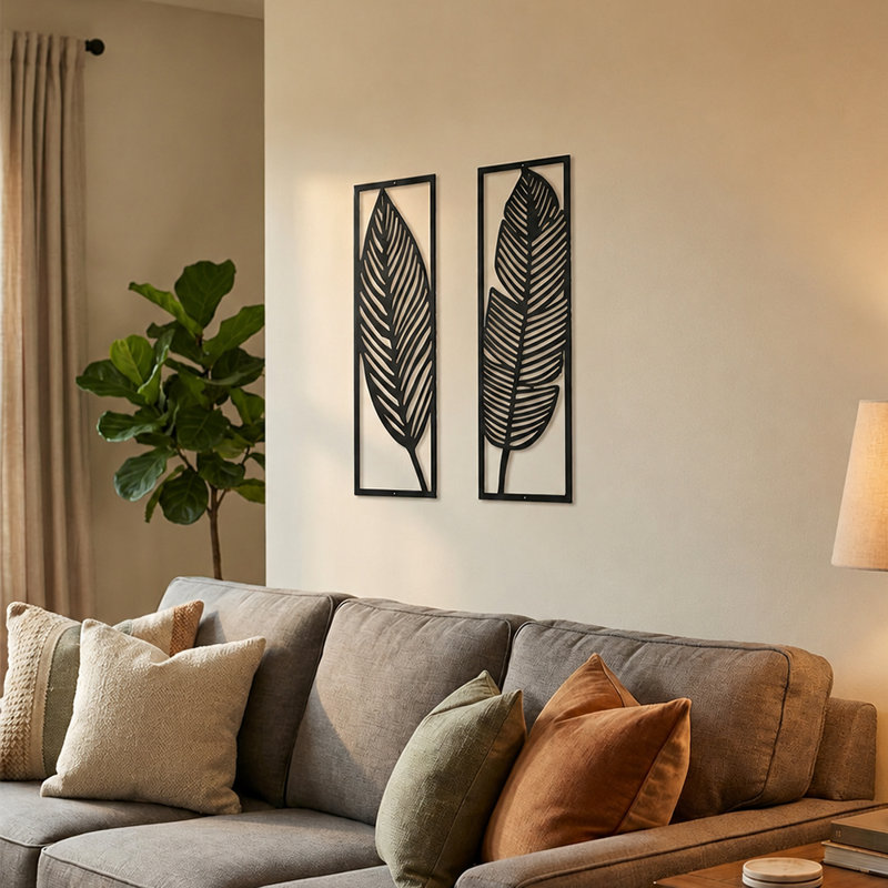 Feuille de palmier en métal noir, art mural feuille tropicale