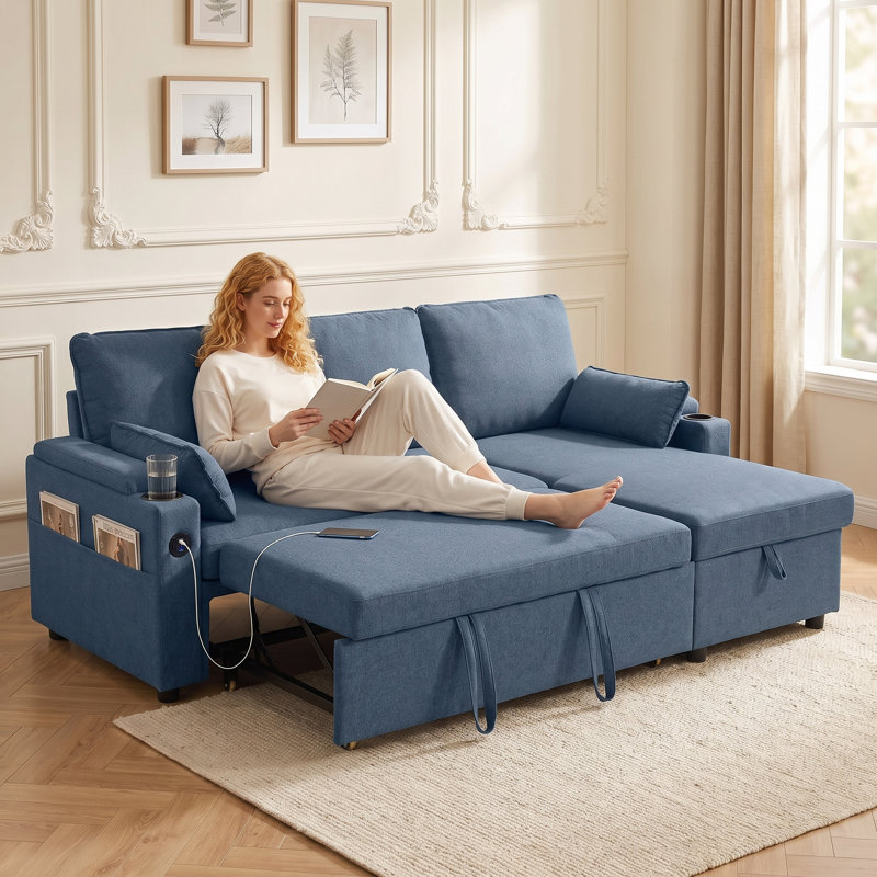 Blue L-Shaped Corner Sofa Bed with Reversible Chaise, 176x131cm Pull-Out, USB-A/C, Hidden Storage