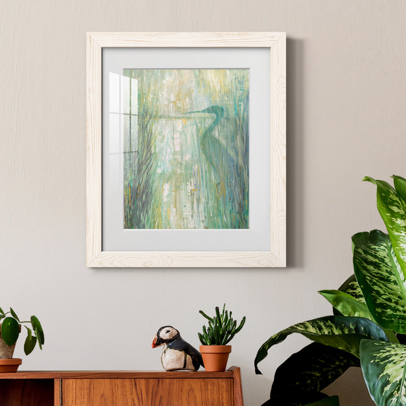 Morning Egret II - peinture encadrée, Cadre blanc, H 20 po x l 17 po x P 1,5 po