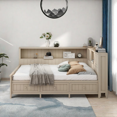 Wood Daybed With Storage Shelves, Sliding Doors And 3 Drawers