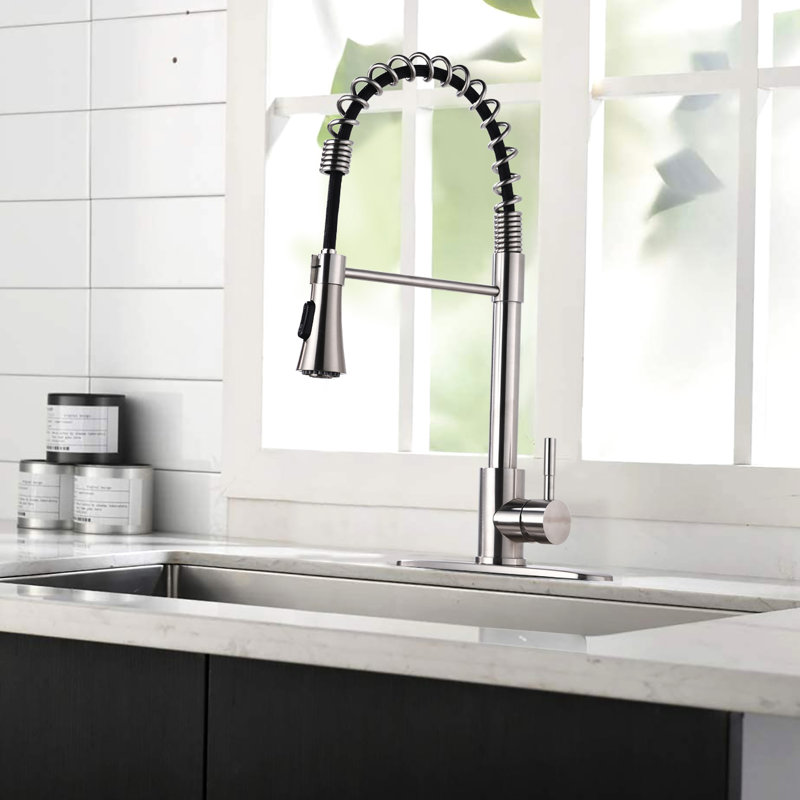 Robinet de cuisine avec plaque de pont en nickel brossé - tuyau rétractable à corrosion prolongée et arc pivotant pour un accès complet à l'évier