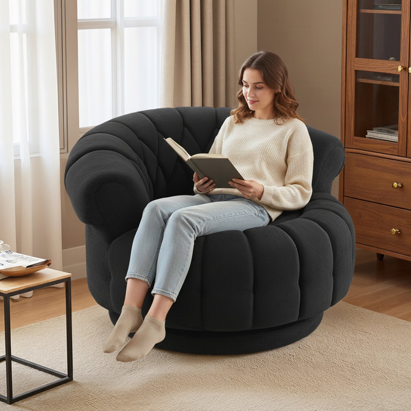 45.9"W 360° Swivel Accent Barrel Chair, Black