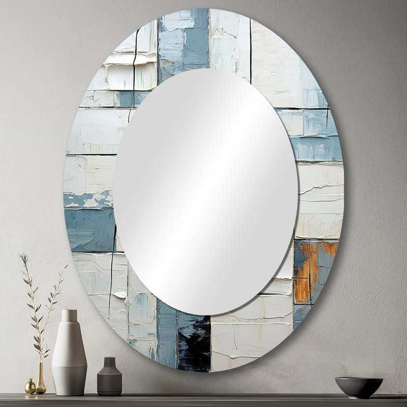 Cubisme bleu et blanc Fight I - Miroir décoratif abstrait ovale sur métal, 43 po x 33 po