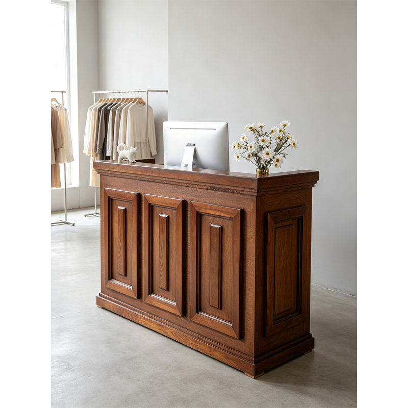 Comptoir de caisse en bois massif transitionnel rétro, table de réception robuste avec armoire fermée