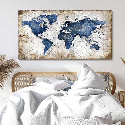 World Map Canvas Wall Art Abstract Navy World Maps For Wall Vintage Modern Wall Art For Office Framed Pictures For Living Room Bedroom Wall Decoration For Home Office Decor Artwork For Walls 24X48in