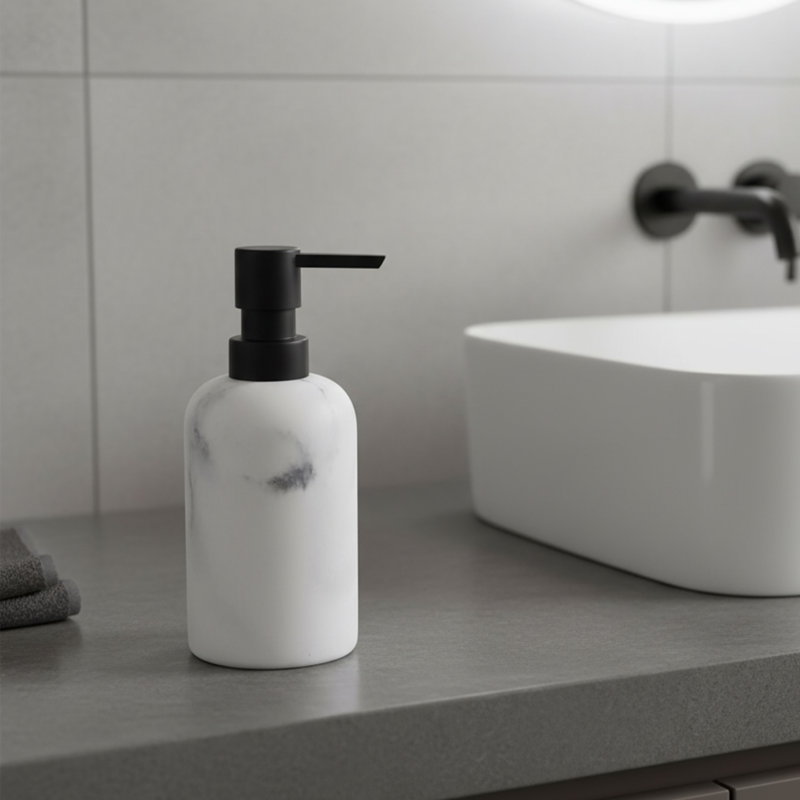 Marble Resin Soap Dispenser with Black Pump, White