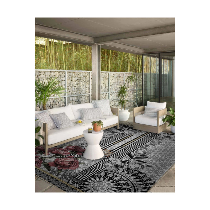 Tapis décoratif lavable à la machine noir à motif floral noir, Tapis de couloir 2 pi 6 po x 9 pi 10 po inclus