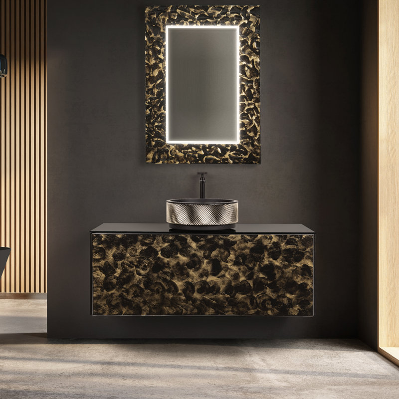 Meuble-lavabo mural de luxe en cristal Murano, Noir et or, 48"