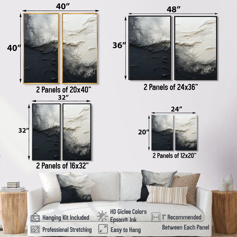 Minimalisme, peinture noire et blanche Wave I - art mural sur toile crème 2 pièces, 20" H x 24" W, Brown