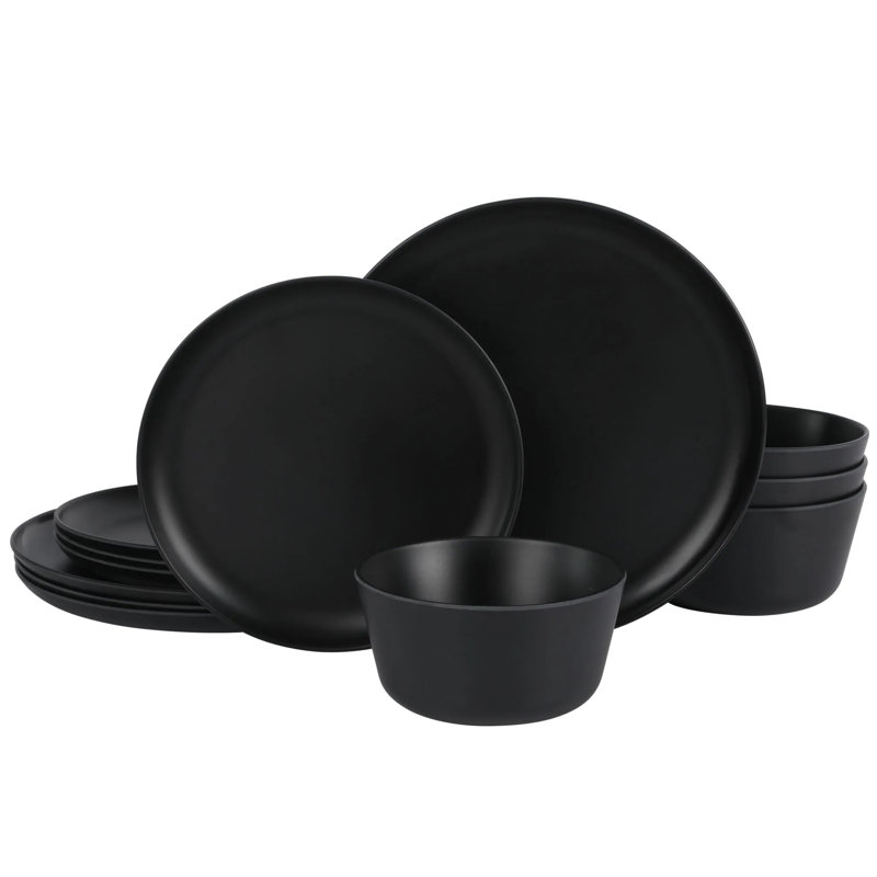 Service de table rond en mélamine 12 pièces Gibson Home Fairhope, Noir, noir, noir, noir