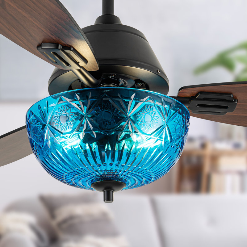 42"W Valencia LED Indoor Hand-Cut Glass Ceiling Fan With Remote Control, Black