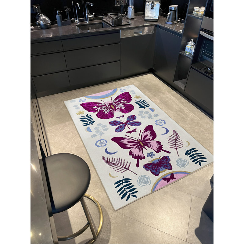 Tapis décoratif moderne mauve et beige à motif de papillons et de fleurs, Tapis de couloir 3 pi 3,37 po x 6 pi 6,74 po