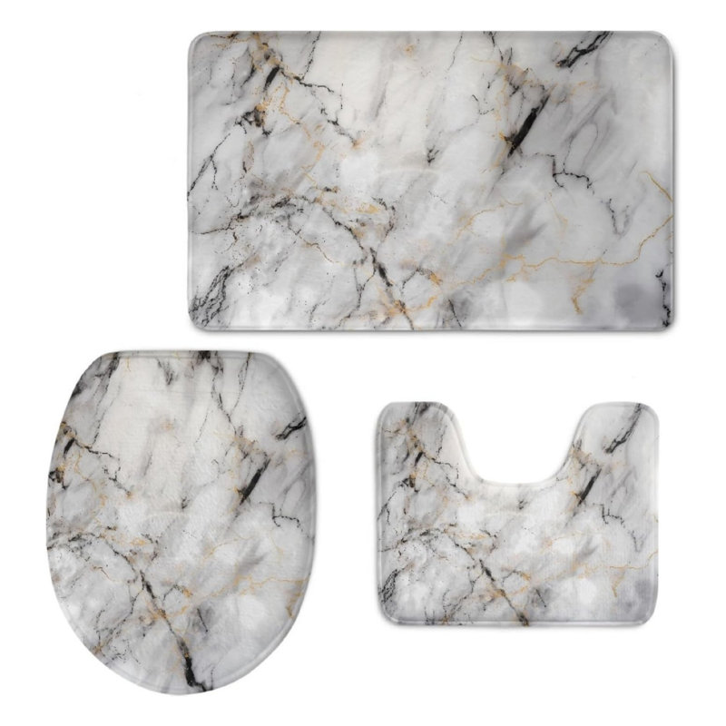 Ensemble de 3 tapis de salle de bain Marble Texture, Blanc / Gris, Abstract