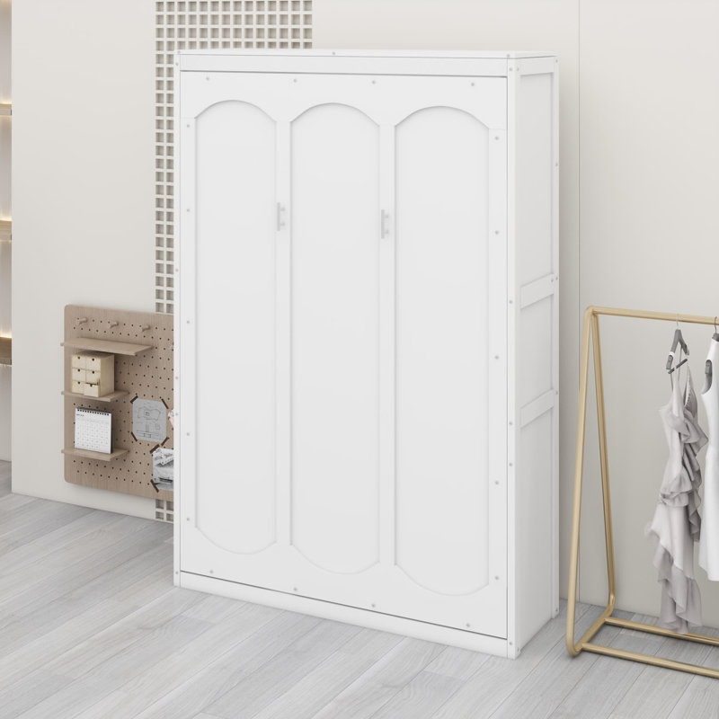 Armoire lit escamotable Murphy avec tablettes intégrées et relevage hydraulique, Lit double, Blanc