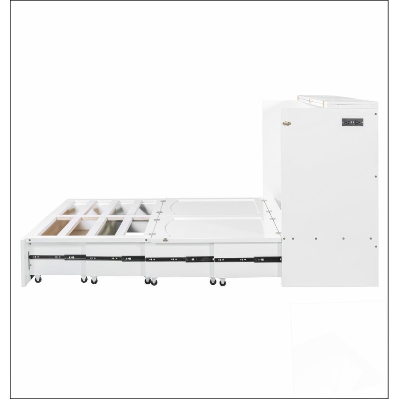 Grand lit escamotable mural avec tiroir et un ensemble de prises et de ports USB, structure à poulie