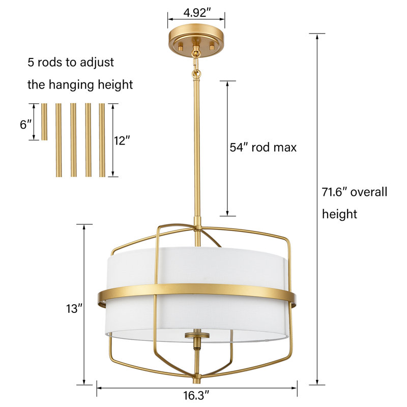 Bronze Pendant Light with Drum Fabric Shade 3-Light, Gold