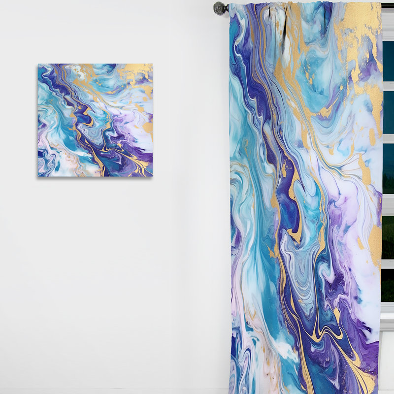 Turquoise et mauve liquide, art V - rideau abstrait occultant - 1 panneau, L 52 po x L 63 po