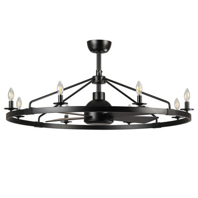 Ventilateur de plafond Fandelier à roue en wagon de 43,3 po avec télécommande 8 lumières et ventilateur de patio pour salle à manger