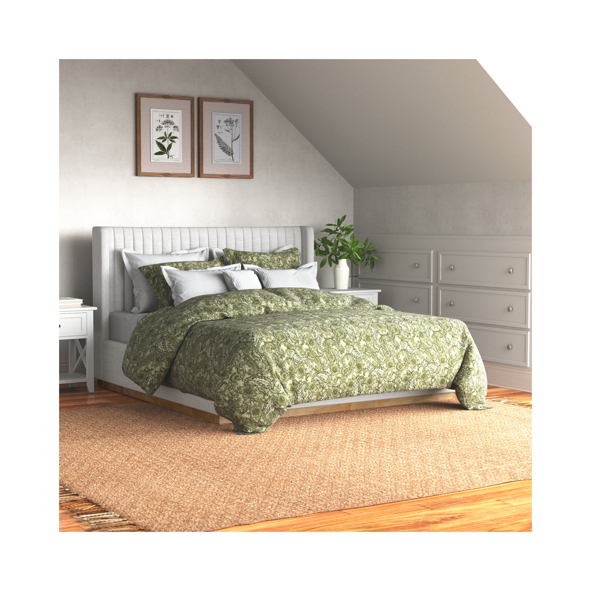Chamblis Upholstered Wingback Bed, Cream Linen Textured Fabric, King