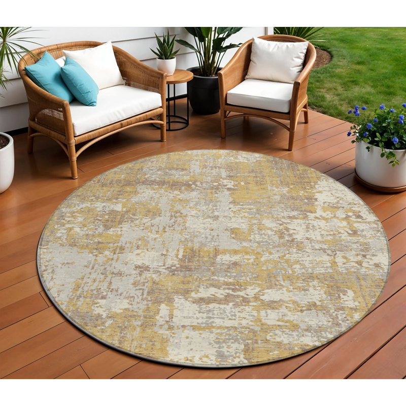Tapis d'intérieur rond lavable abstrait brun doré et beige 8 pi