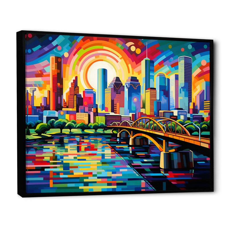 Art urbain sur toile City Houston Popart, H 34 po x l 44 po x P 1,5 po, Cadre flottant noir