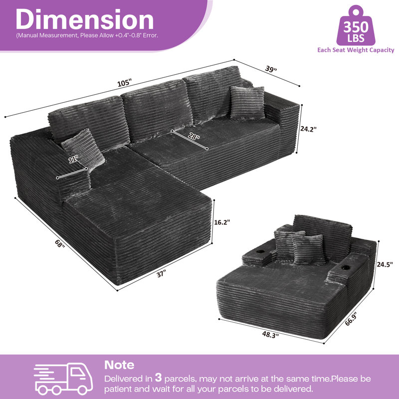 Divan-lit modulaire Co², canapé convertible pour le salon, Face à la gauche, Gris moelleux