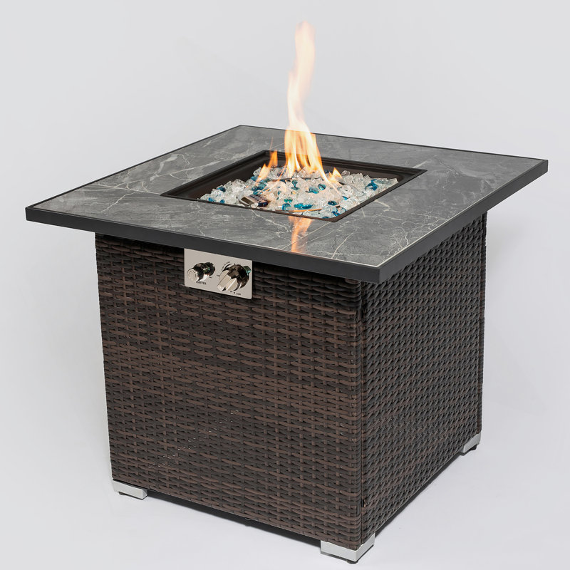 Table de feu d'extérieur, table de foyer avec pierres en verre et housse de pluie