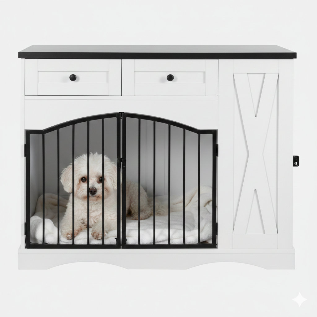 Image showcasing August Grove® 43.3-Inch Farmhouse-Style Dog Crate Furniture, Heavy-Duty ...