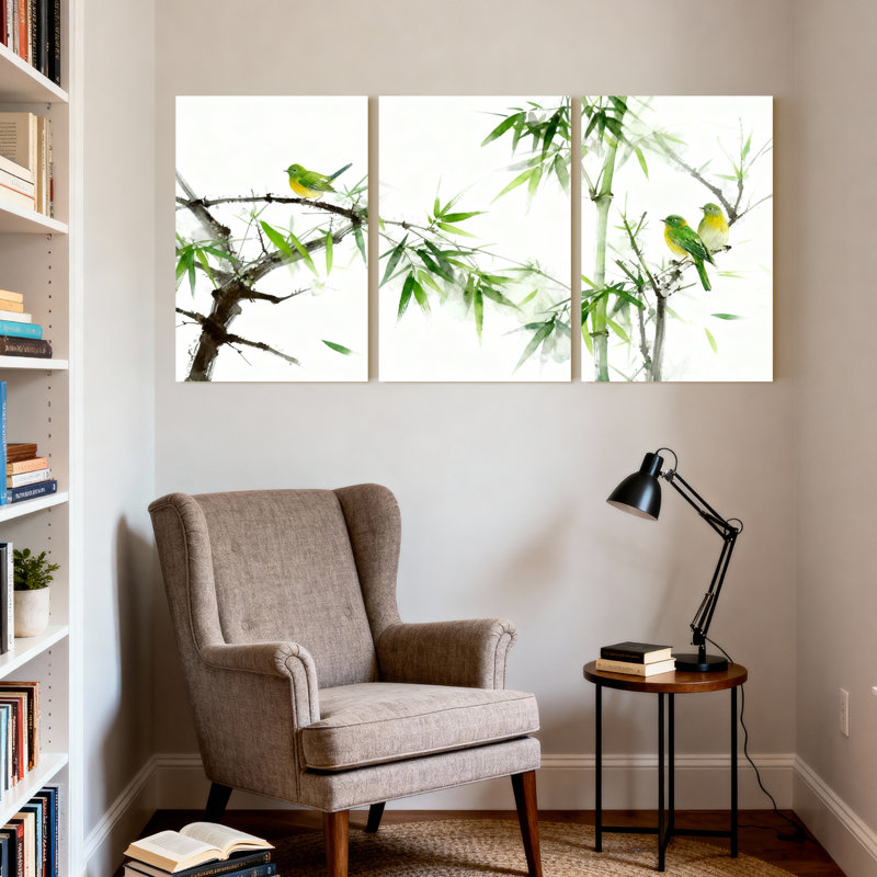 «Bamboo and Birds», reproduction d'art sur toile tendue à l'aquarelle (ensemble de 3), H 30 po x l 60 po