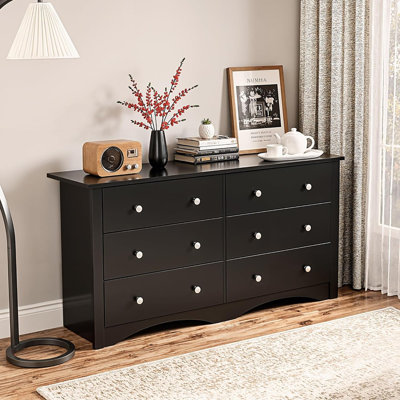 Commode 6 tiroirs pour la chambre à coucher, large commode en bois pour les placards de couloir de salon (noir foncé)