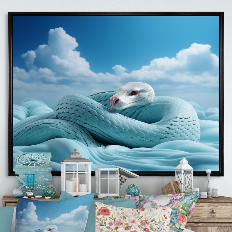 «Cyan Snake Serpentine Sky» sur toile, Cadre flottant noir, H 12 po x l 20 po x P 1 po