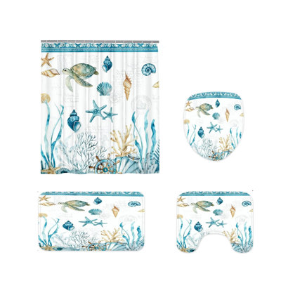 Vintage Nautical Turtle Shell Shower Curtain Sets & Bathroom Mat, Set of 4, Blue