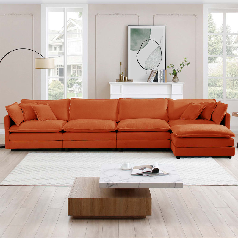 Chenille Cloud Sofa ，4-seat Sofa Couch with Ottoman for Living Room , 33" H x 146" W x 35" D, Blue Chenille